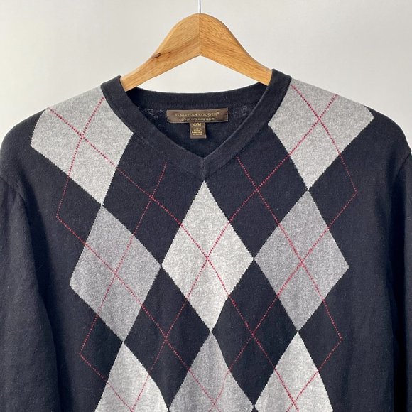 Sebastian Cooper Cashmere Cotton Blend V Neck Argyle Sweater Black Grey, Size M - Picture 2 of 5